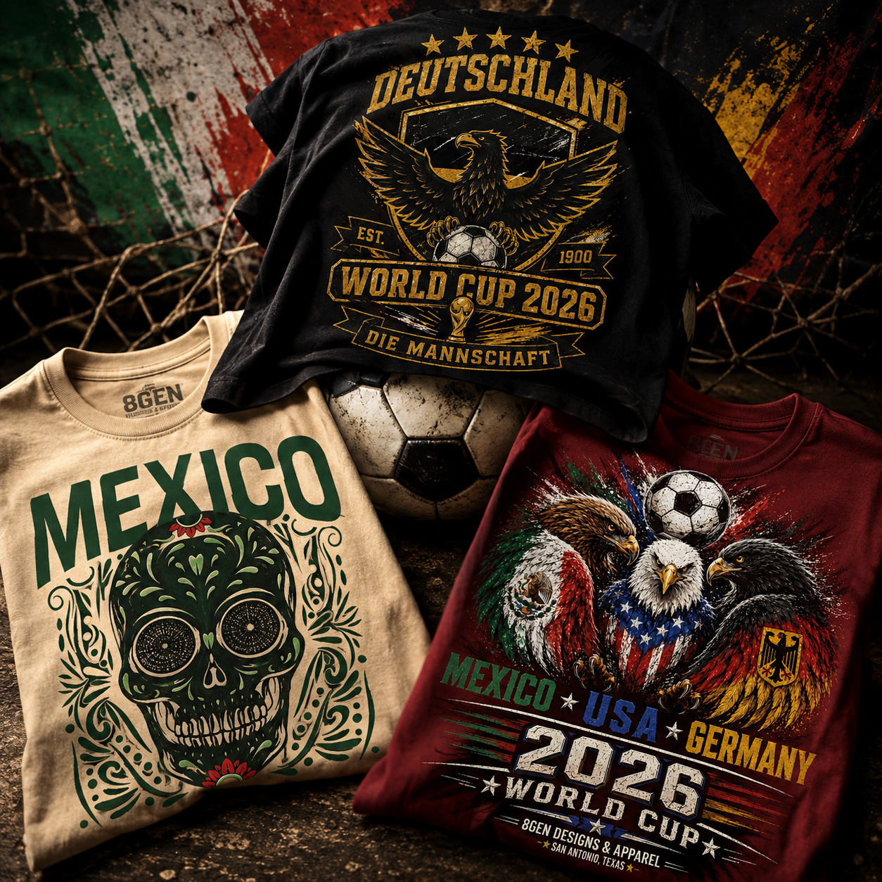Mexico, Germany, and United States World Cup inspired shirts