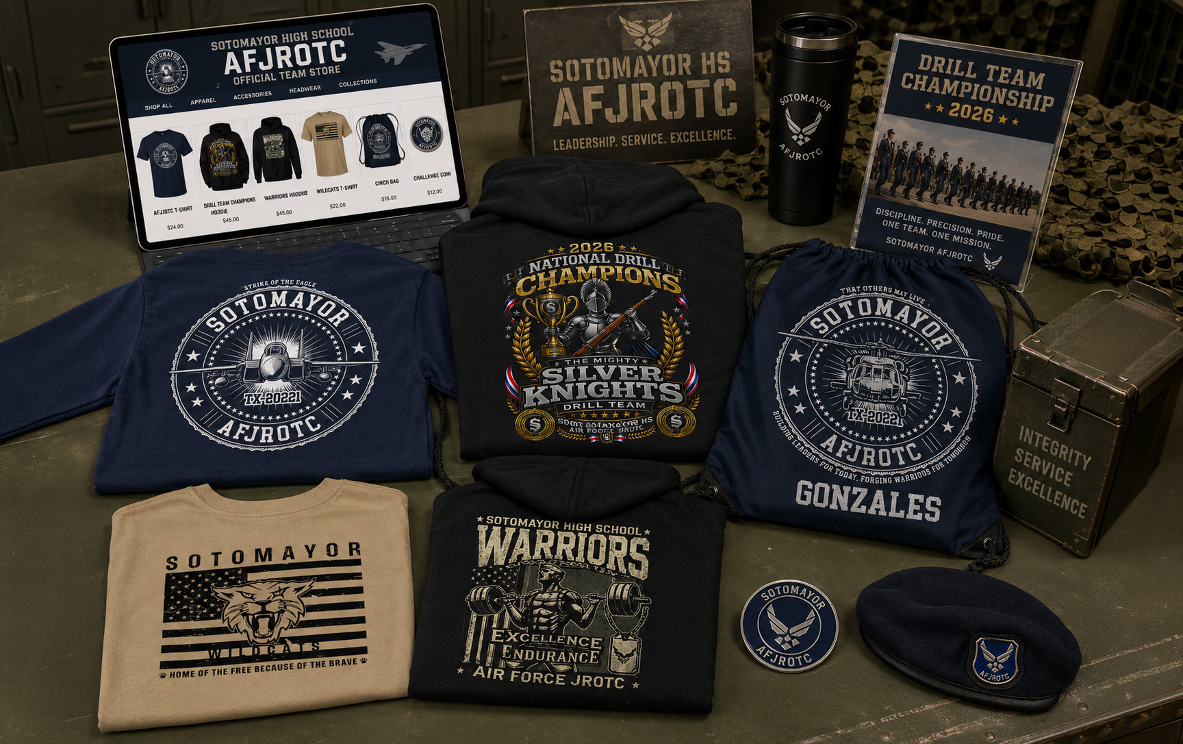 Custom apparel and merchandise created for Sotomayor AFJROTC